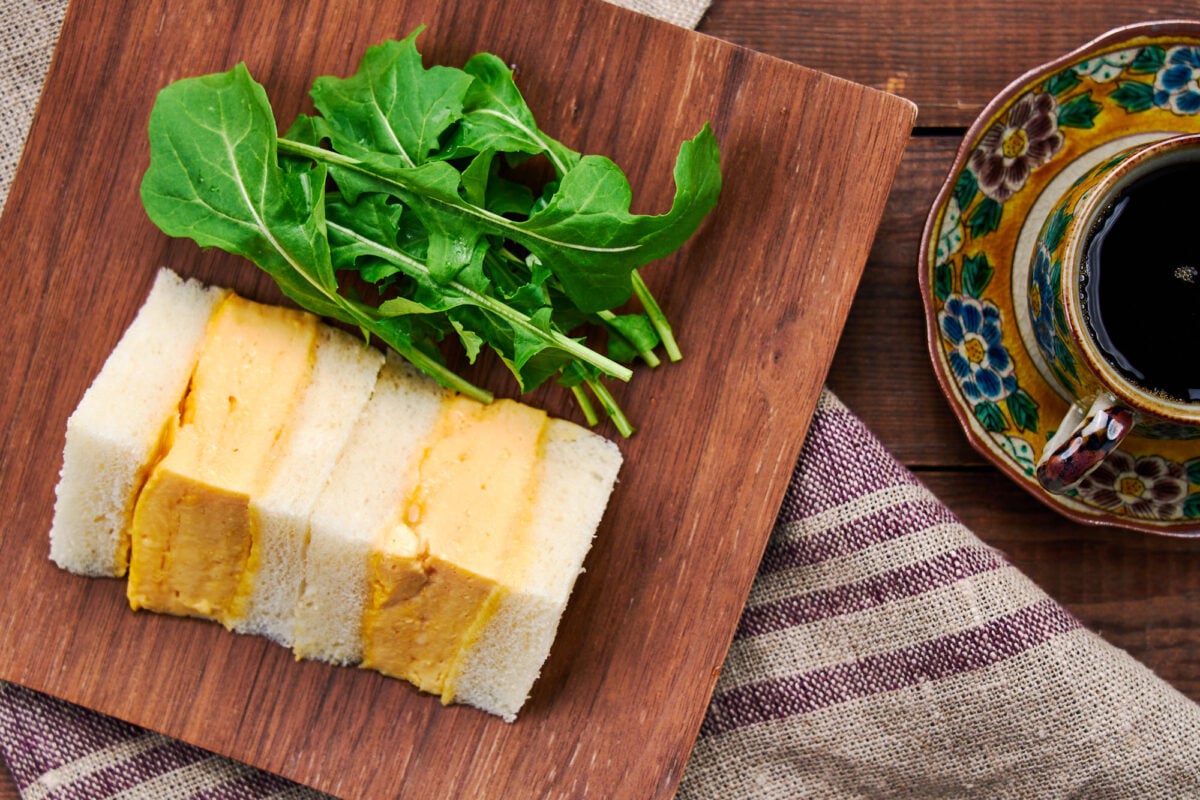 Japanese sandwich bread stuffed iwth dashimaki tamago (Japanese egg omelette).