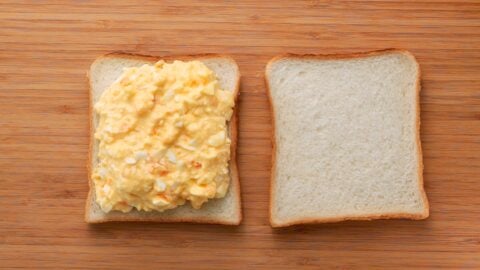 Japanese sandwich bread topped with egg salad.