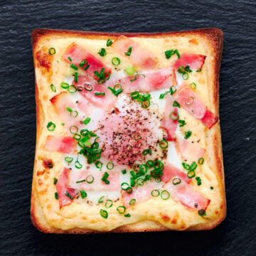 Bacon and egg toasted together on a thick-cut slice of Japanese sandwich bread.