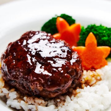 Tender, juicy Japanese style Hamburg Steak glazed with teriyaki sauce.