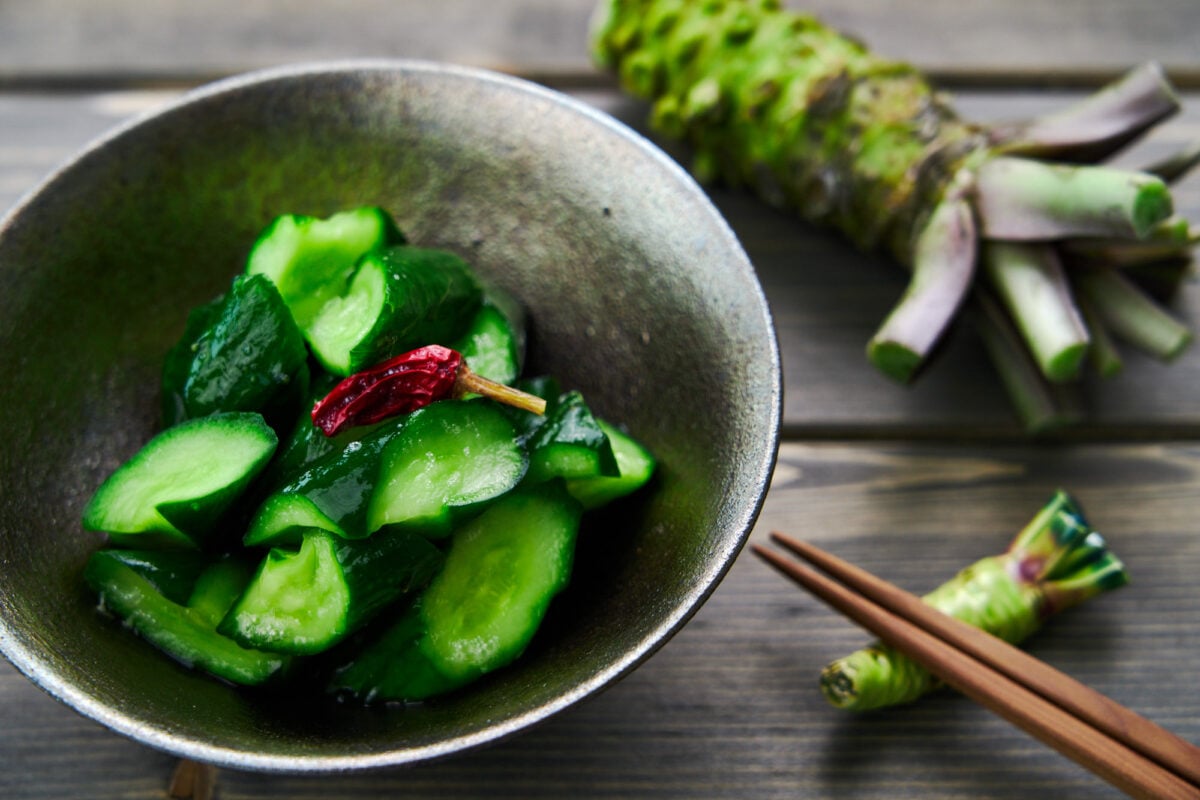 Pickled Japanese cucumbers with fresh wasabi.