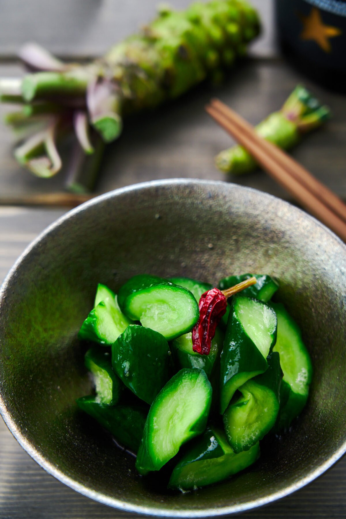 Spicy and savory Japanese cucumber tsukemono pickled with beer and wasabi.