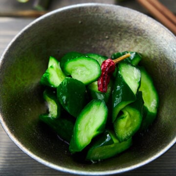 Spicy and savory Japanese cucumber tsukemono pickled with beer and wasabi.