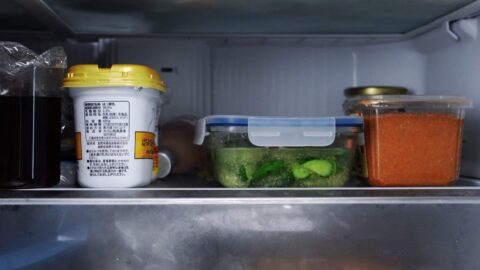 Cucumbers pickling in the refrigerator overnight.