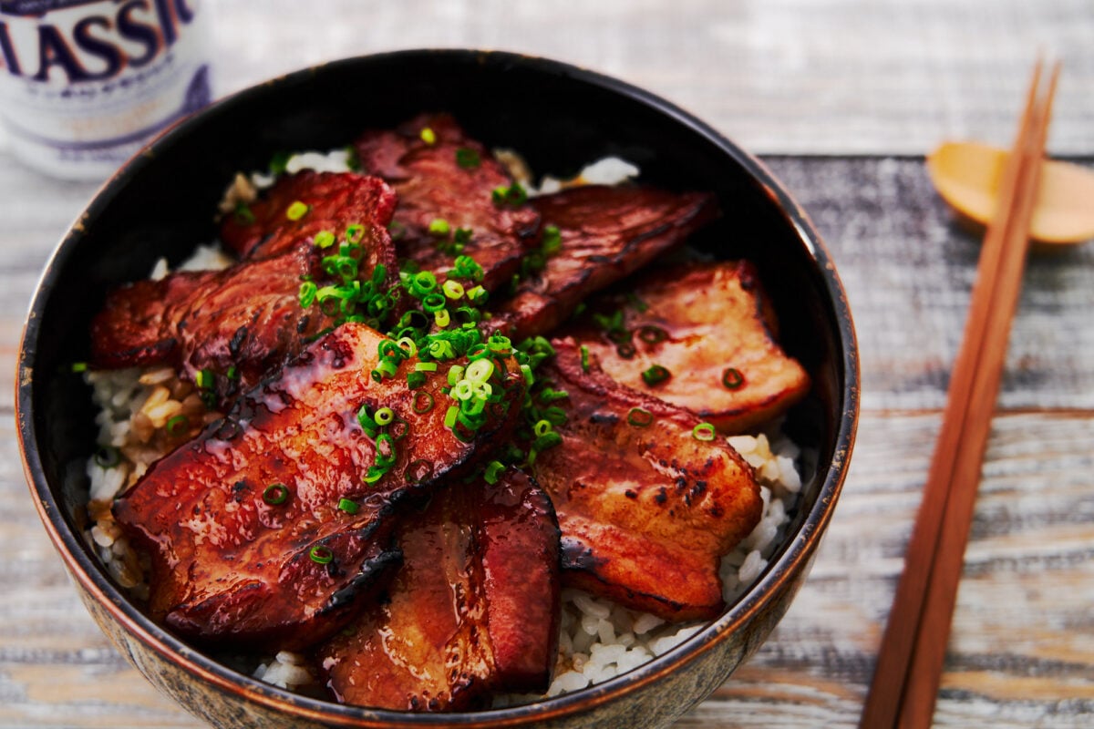 Tokachi Butadon is a grilled Japanese pork bowl glazed with caramelized soy sauce.