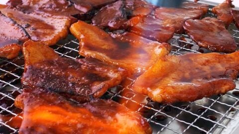 Torching pork belly for making Japanese Pork Rice Bowl.