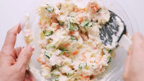 Japanese-style potato salad in a glass bowl.