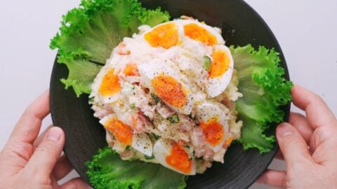 Japanese potato salad garnished with eggs.