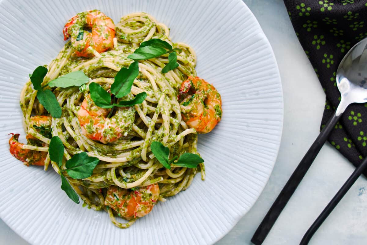 This easy Japanese-style pasta with shrimp and a nori cream comes together in in the time it takes to boil a pot of pasta.