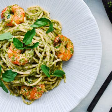 This easy Japanese-style pasta with shrimp and a nori cream comes together in in the time it takes to boil a pot of pasta.