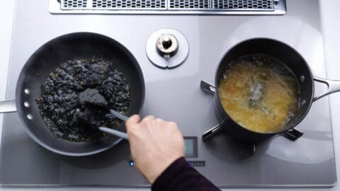 Mixing nori sauce for for Japanese shrimp pasta.