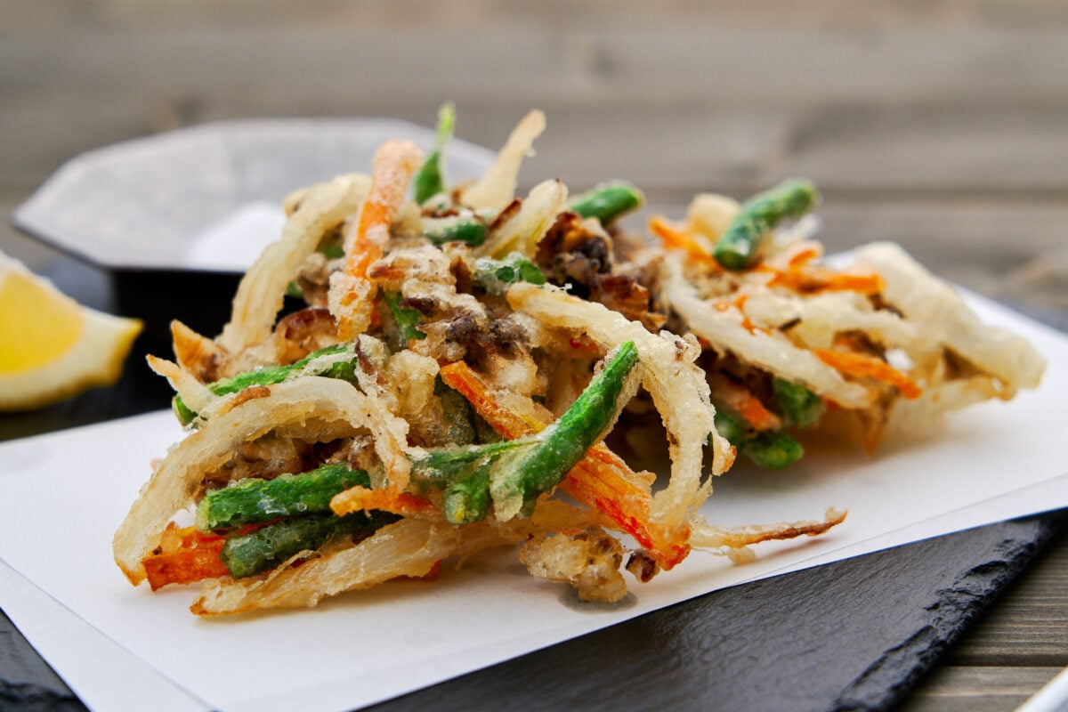 Kakiage is a mixed vegetable tempura fritter that's ultra-light and crispy.