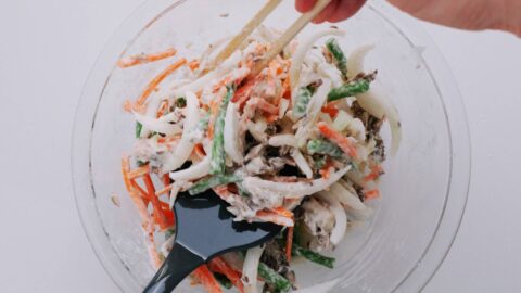 Kakiage tempura mixture being loaded onto a spatula.