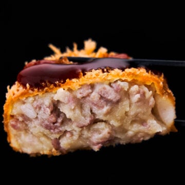 This crispy Japanese potato croquette is filled with a velvety potato filling studded with sweet caramelized onions and hand-minced pork.