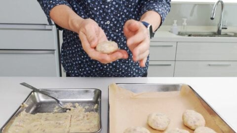 Shaping korokke patties.