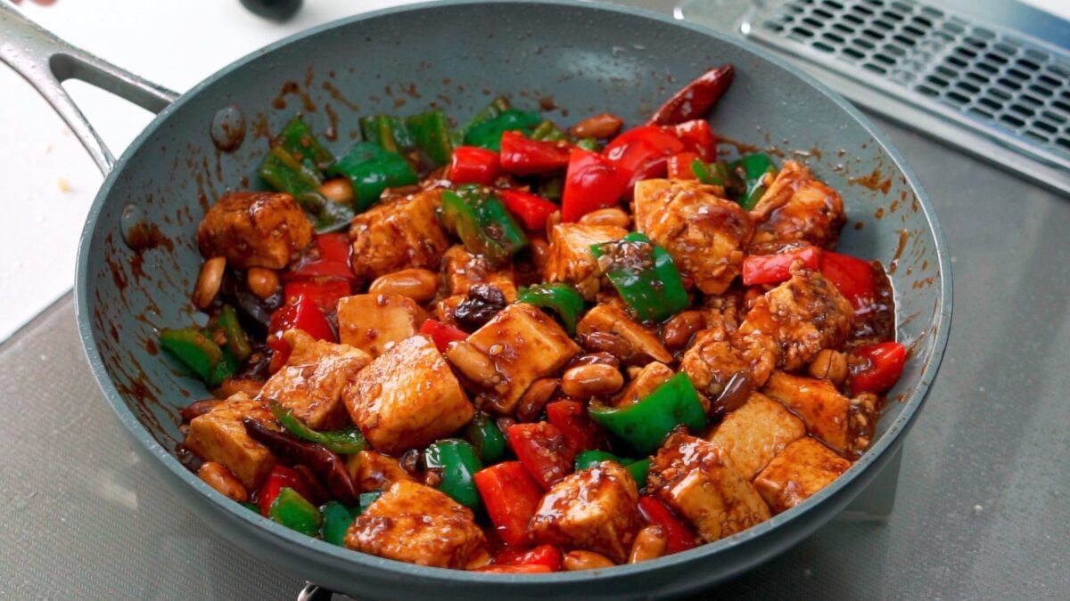 Kung Pao Tofu in a frying pan.