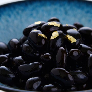 These sweet black soybeans or kuromame are piano black and melt-in-your-mouth tender.