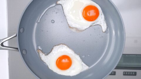 Frying eggs sunny side up for topping Loco Moco.