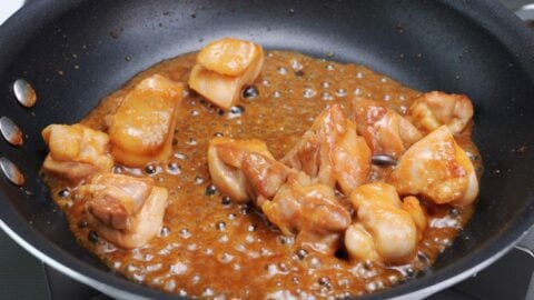 Chicken pieces glazed in maple miso caramel.