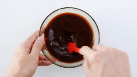 Mixing the sauce for Mapo Eggplant.