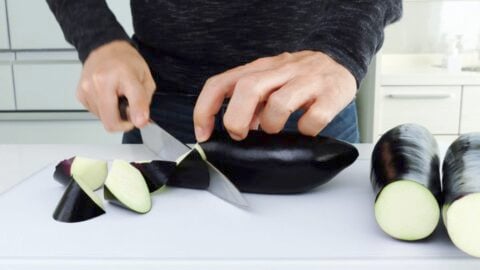 Cutting up Japanese eggplant for Mapo Eggplant.