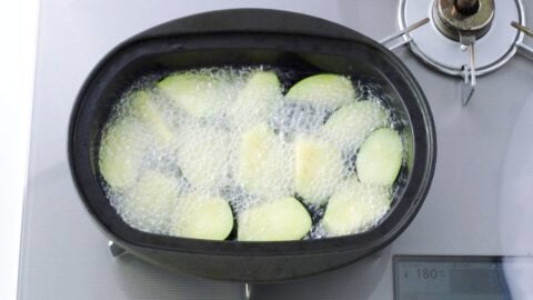 Flash-frying eggplant for Mabo Nasu.