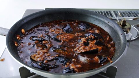 Braising eggplant in Mapo Tofu sauce.