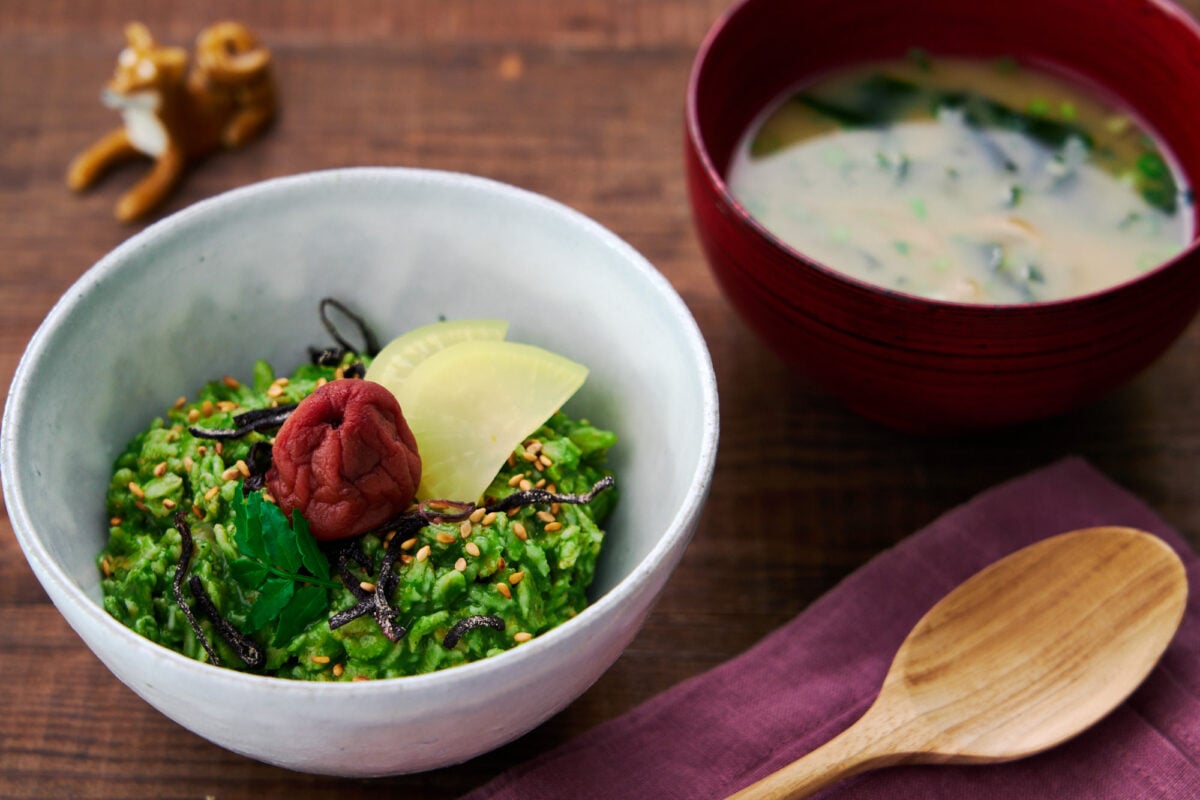 Savory green tea oatmeal served as part of a Japanese breakfast with miso soup.