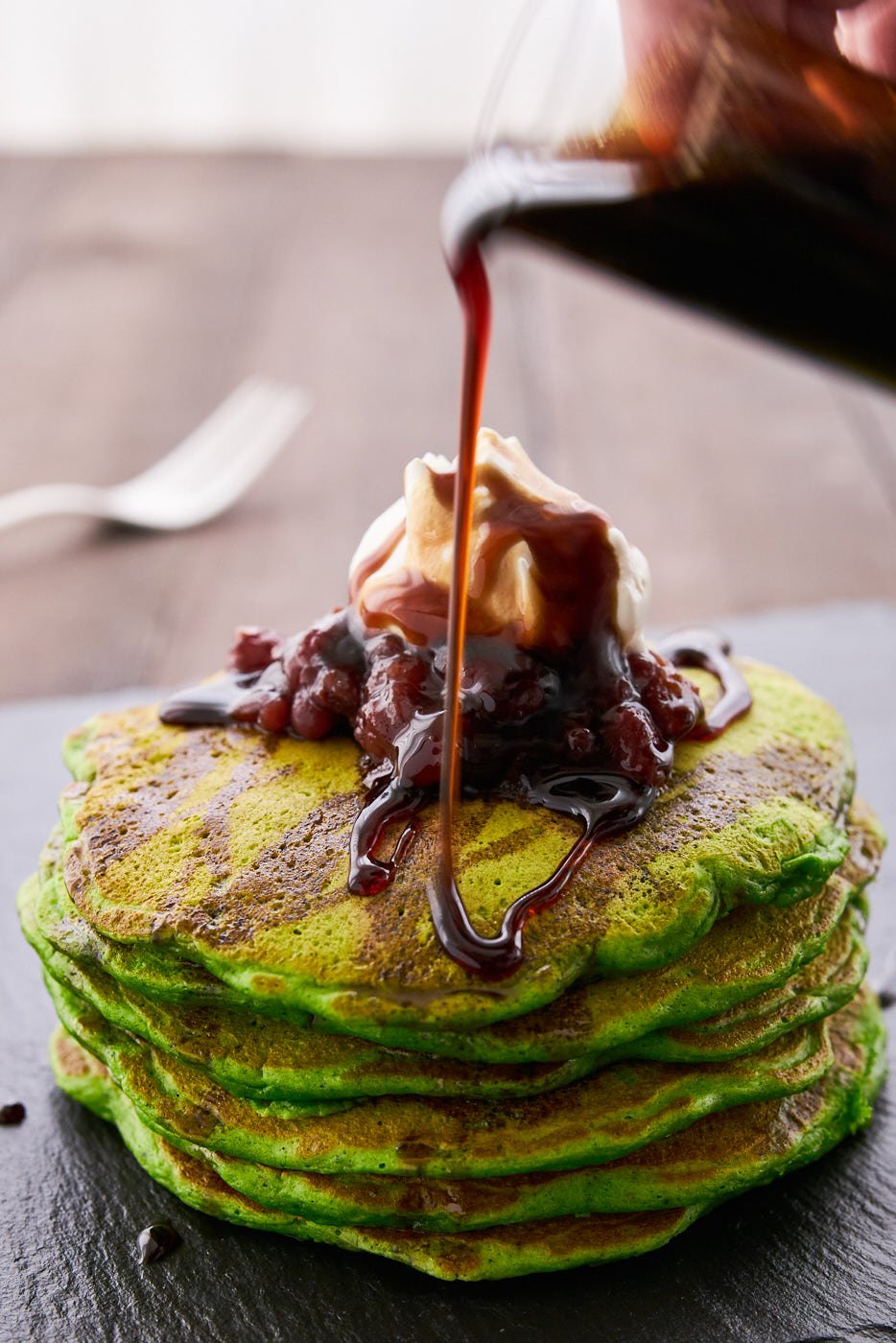 Kuromitsu (black syrup) is not only easy to make, it tastes amazing drizzled on these Matcha Pancakes.