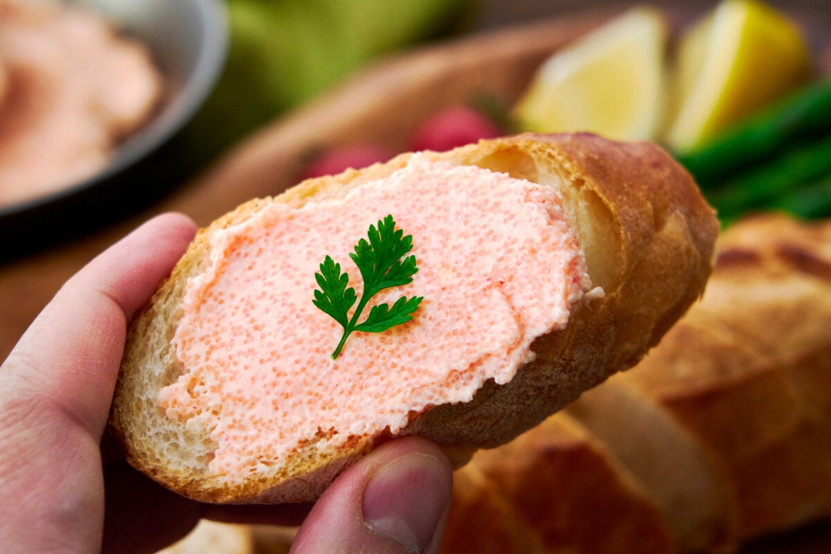 Spicy cod roe spread on a crusty slice of French bread.