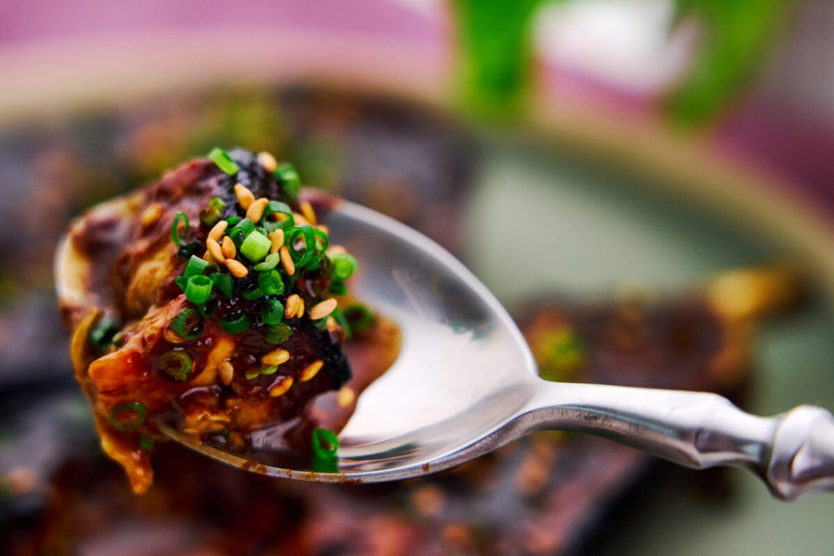 A spoonful of tender, creamy nasu dengaku (miso-glazed eggplant)