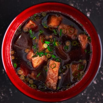 Red miso soup recipe with eggplant, aburaage and scallions.