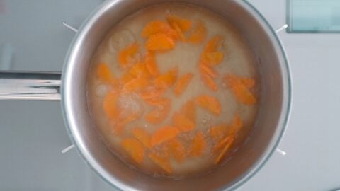 Carrots simmering in dashi.