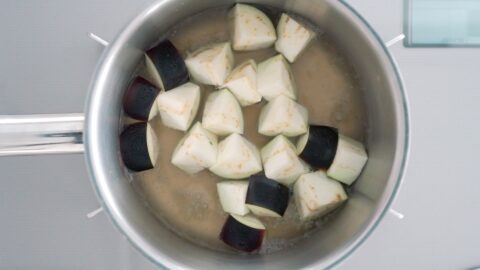 Eggplant simmering in dashi.