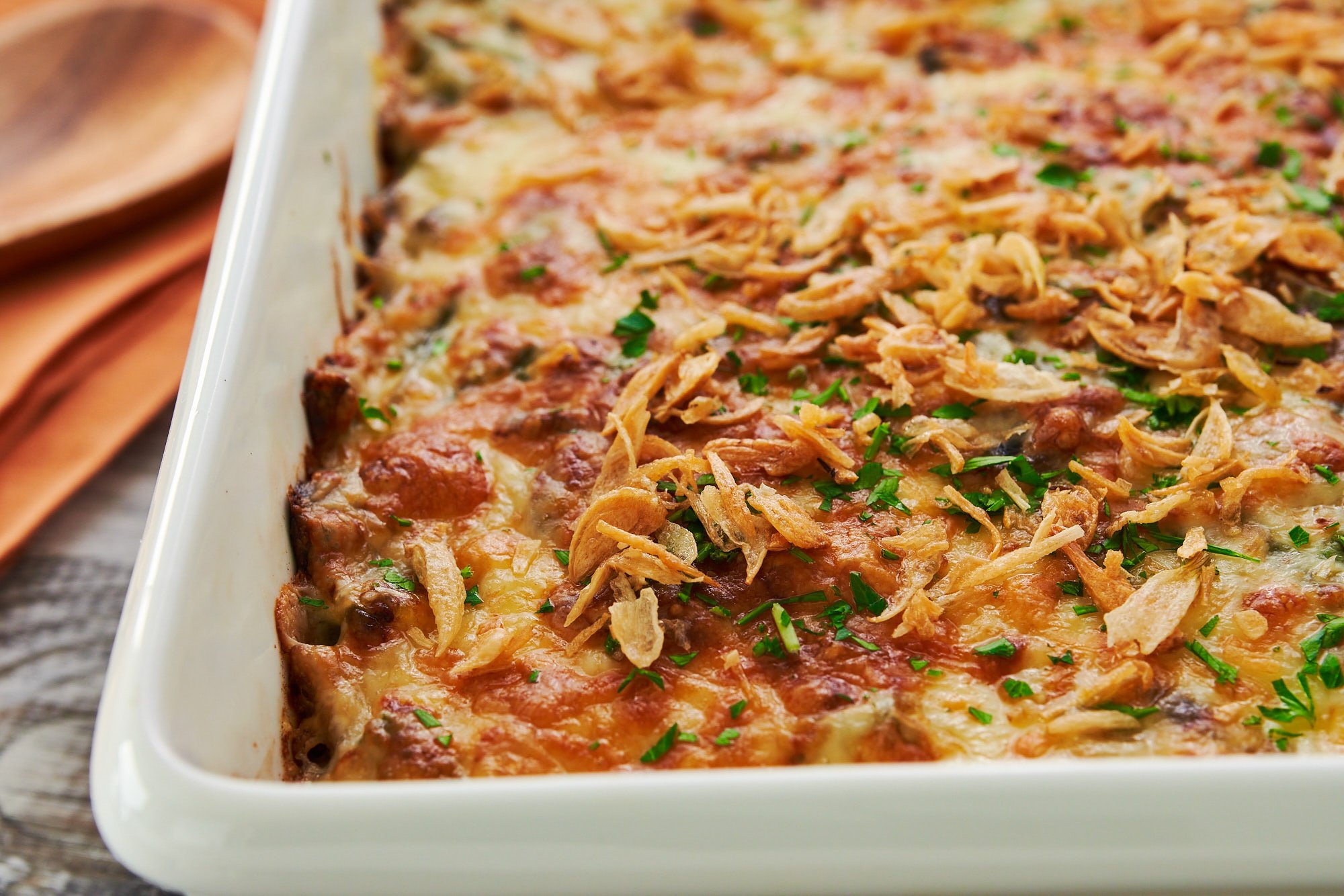 Green Bean and Mushroom Doria topped with fried onions and parsley.