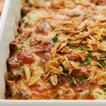 Green Bean and Mushroom Doria topped with fried onions and parsley.