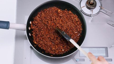 Taco meat for taco rice in a frying pan.