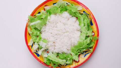 Plate of rice with a ring of lettuce.