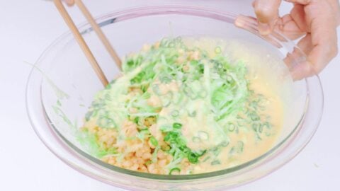 Mixing Okonomiyaki batter with shredded cabbage, scallions and tenkasu.