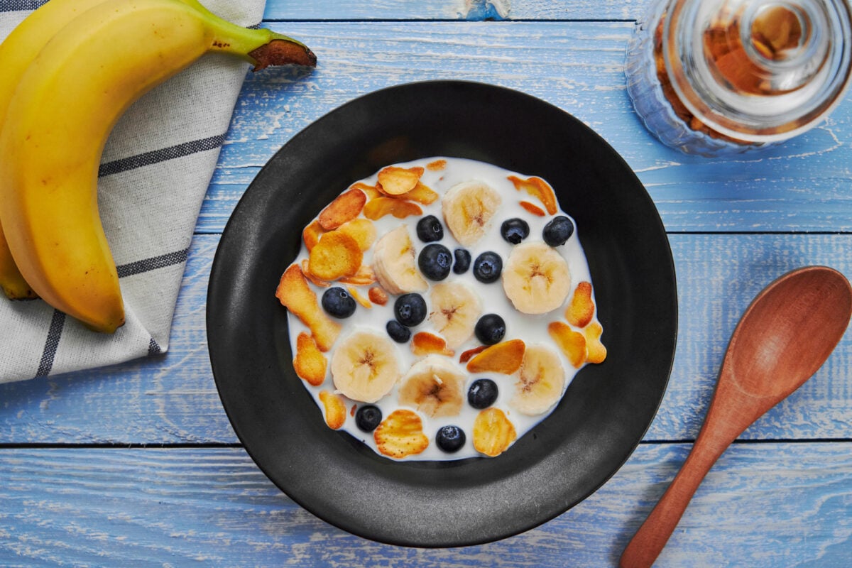 Pancake Cereal with blueberries, bananas, and milk.