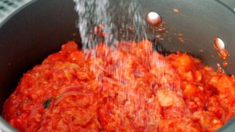 Seasoning a pot of Tuscan Bread and Tomato Soup with salt.