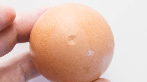 The trick to making easy to peel boiled eggs is to make a small circular crack in the bottom.