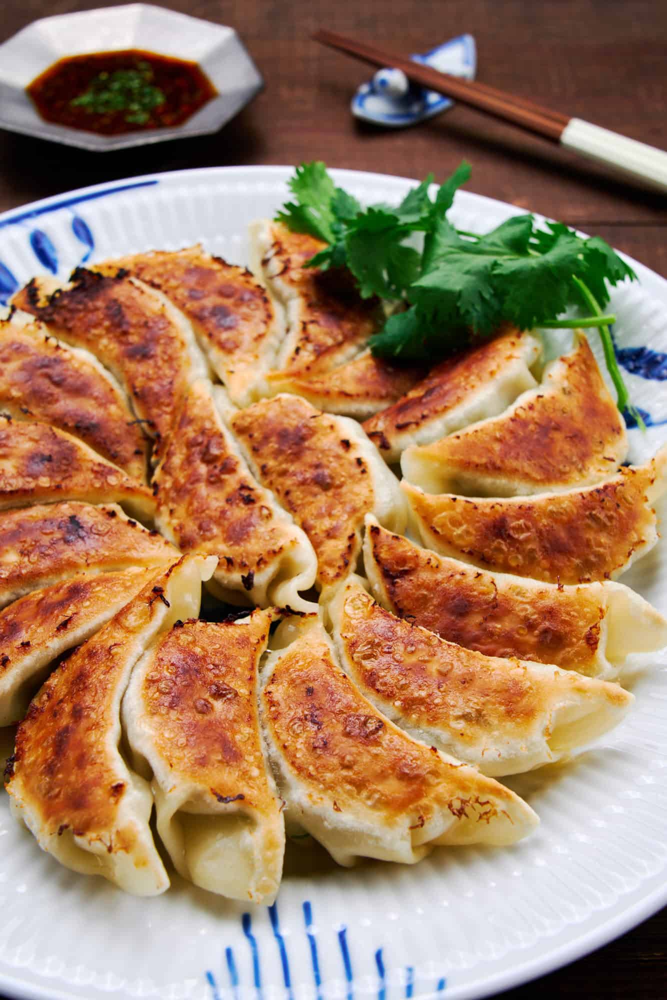 Magical Japanese Gyoza packed with a juicy pork and cabbage filling wrapped in a dumpling skin that's noodley on one side and crispy on the other.