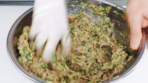 Mixing gyoza filling ingredients together by hand.