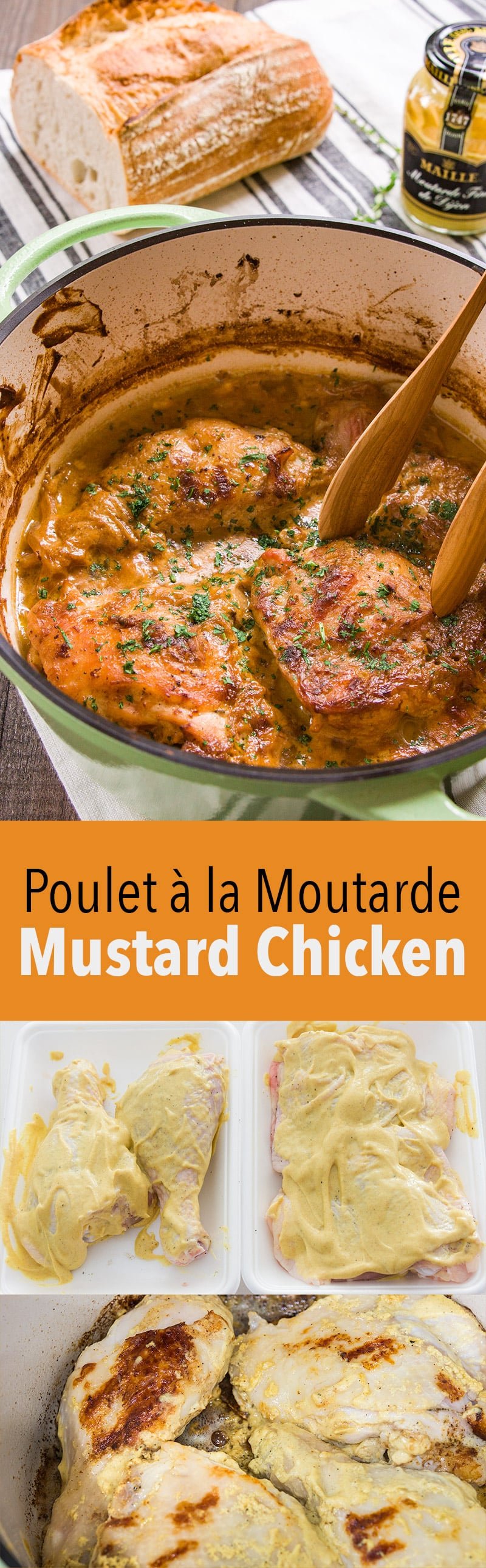 Braised Poulet à la Moutarde is chicken slathered in Dijon mustard and braised in a cast iron pot.