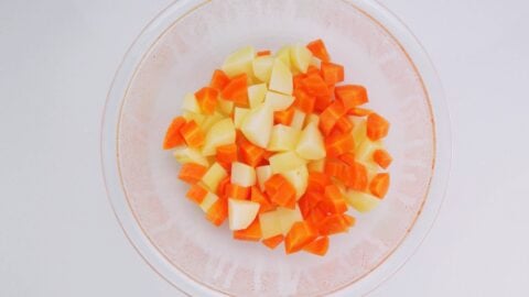 Potatoes and carrots for curry pre-cooked in the microwave.