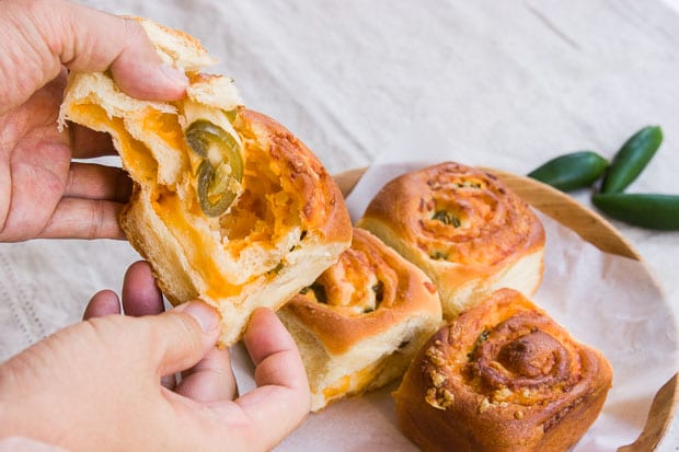 Gooey cheese and spicy jalapeño slices flavor these swirled rolls.