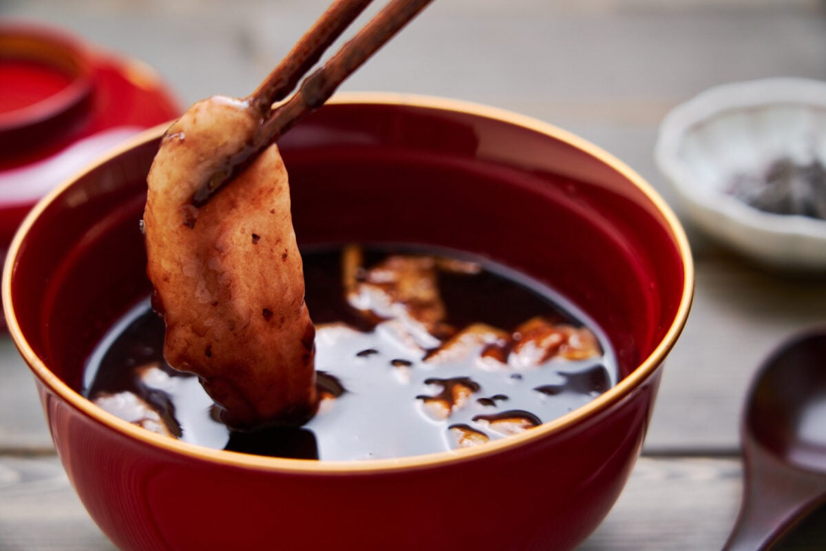 Gooey mochi in oshiruko or sweet red bean soup.