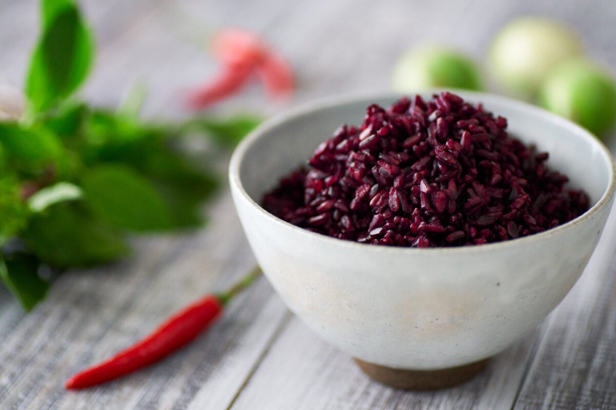 Riceberry is a nutrient-dense cultivar of Thai rice with a stunning purple-black color.