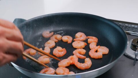 Stir-frying shrimp for Shrimp Fried Rice.